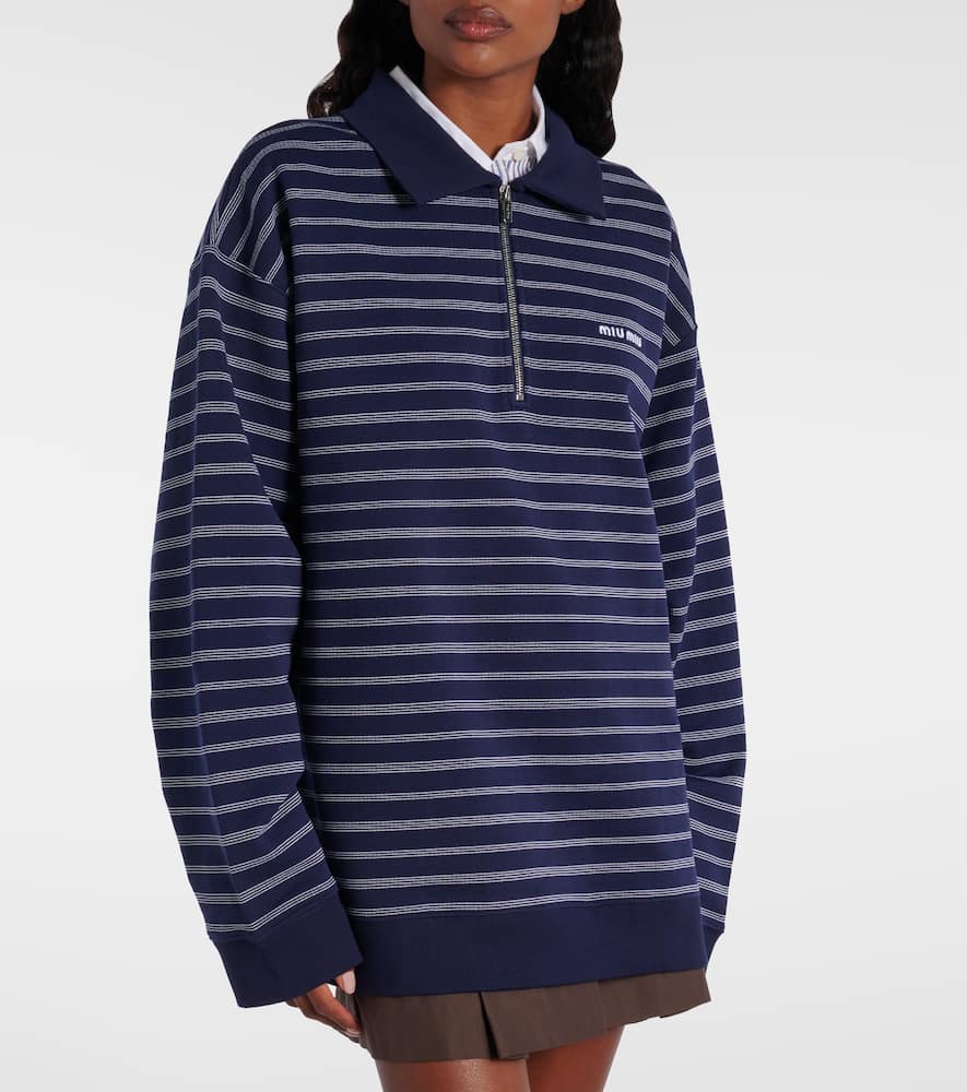 Miu Miu Striped Cotton Sweatshirt With Pointed Collar In Blue