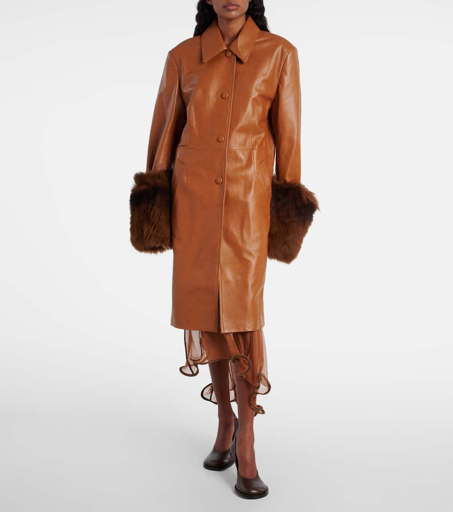 Jacques Wei Shearling-trimmed Leather Trench Coat In Brown