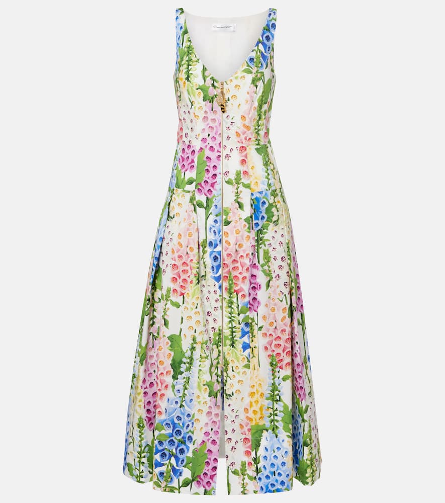 Oscar De La Renta Foxglove Print Sleeveless Stretch Poplin Dress In Multi