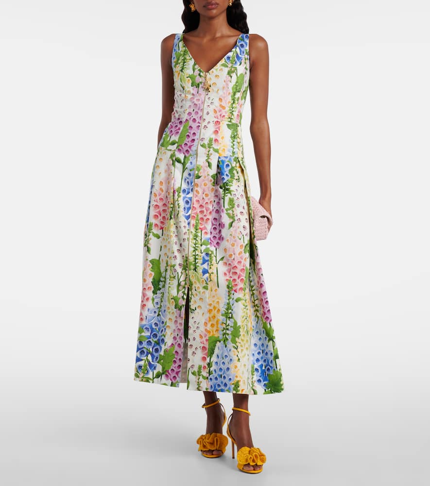 Oscar De La Renta Foxglove Print Sleeveless Stretch Poplin Dress In Multi