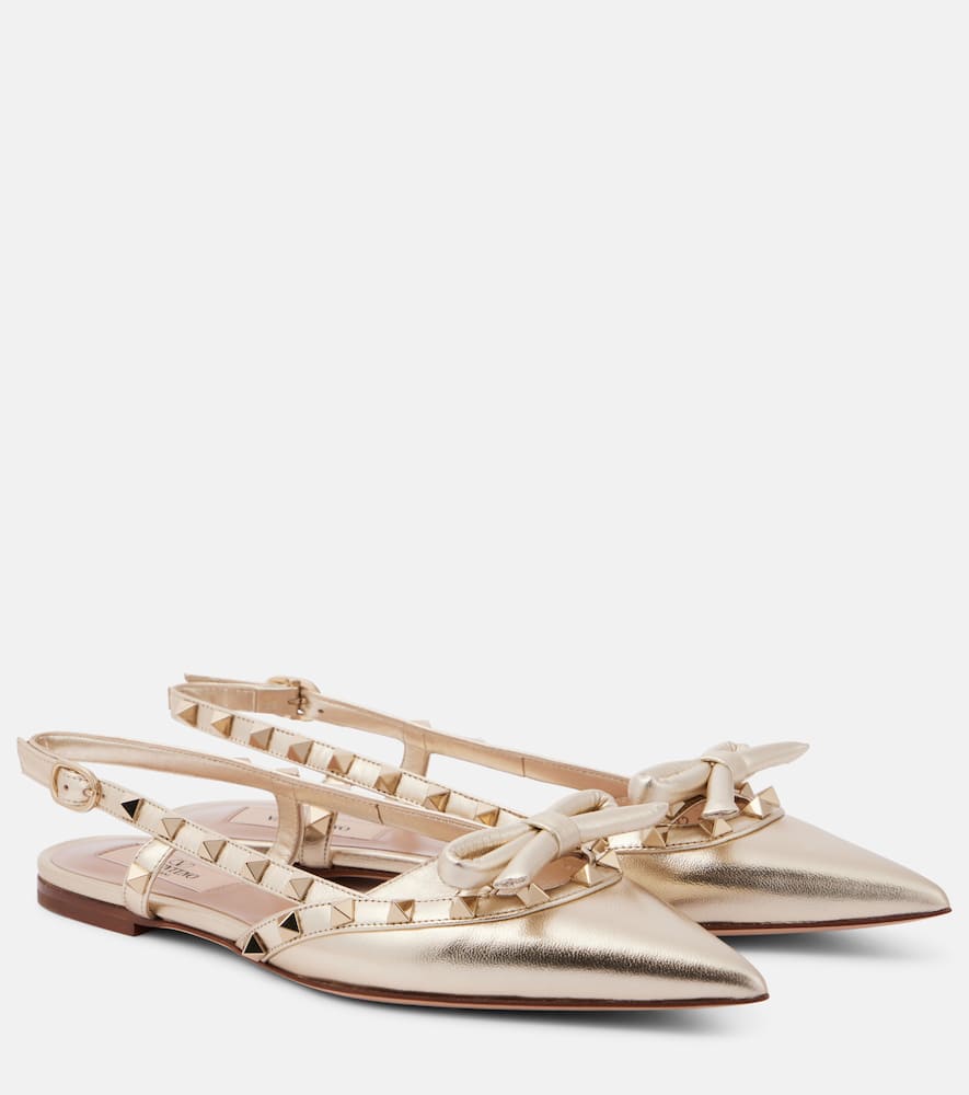 Valentino Rockstud Bow Leather Slingback Ballerina Flat In Gold
