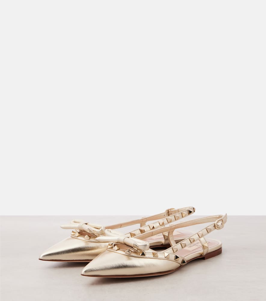 Valentino Rockstud Bow Leather Slingback Ballerina Flat In Gold