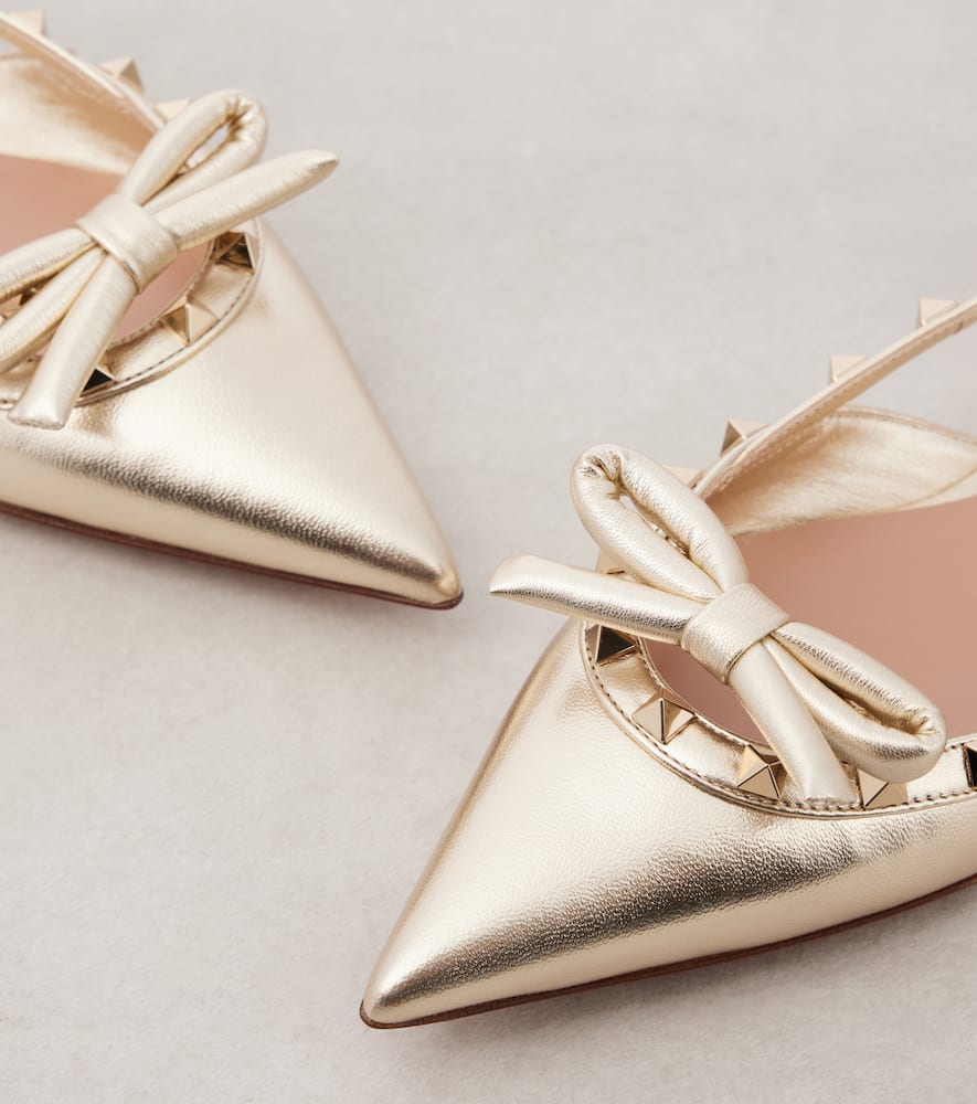 Valentino Rockstud Bow Leather Slingback Ballerina Flat In Gold