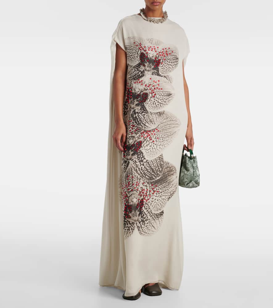 Dries Van Noten Beaded Printed Silk Georgette Gown In White