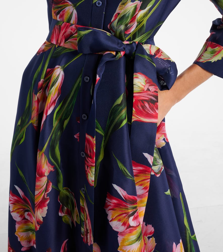 Carolina Herrera Floral Silk Belted Long-sleeve Trench Gown In Blue