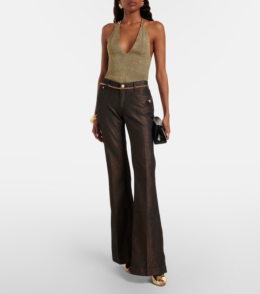  Roberto Cavalli Roberto Cavalli Embellished Halterneck Lamã© Bodysuit 