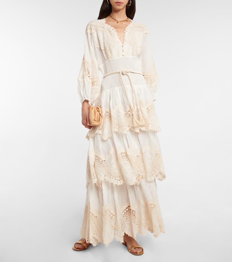 Zimmermann Pattie Belted Tiered Crochettrimmed Embroidered Ramie Maxi Dress In Ivory ModeSens