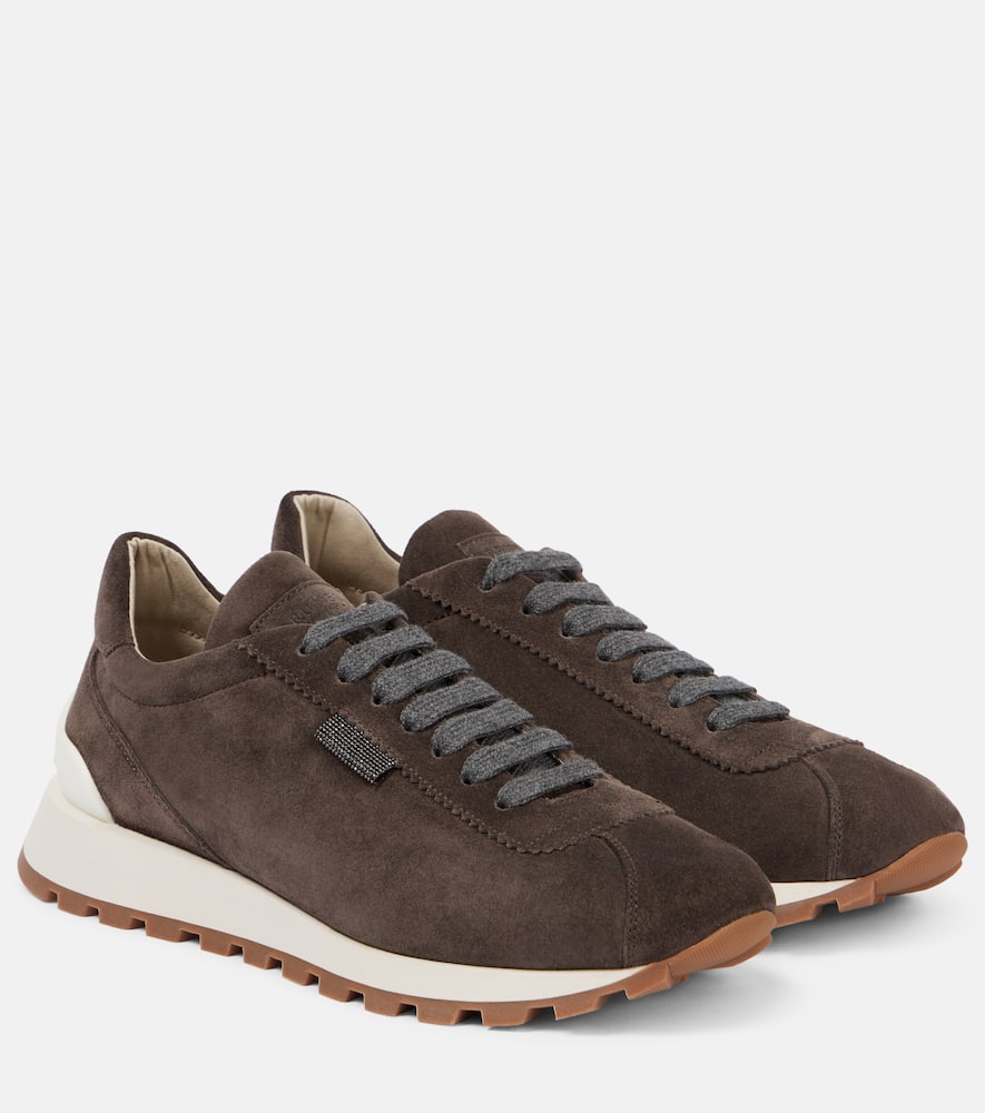 Brunello Cucinelli Brown Low Top Sneakers With Monil Detail On The Side And Embossed Logo Lettering On The Rear In Leat In Corvino