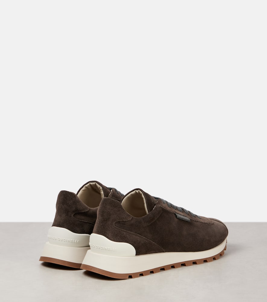 Brunello Cucinelli Brown Low Top Sneakers With Monil Detail On The Side And Embossed Logo Lettering On The Rear In Leat In Corvino