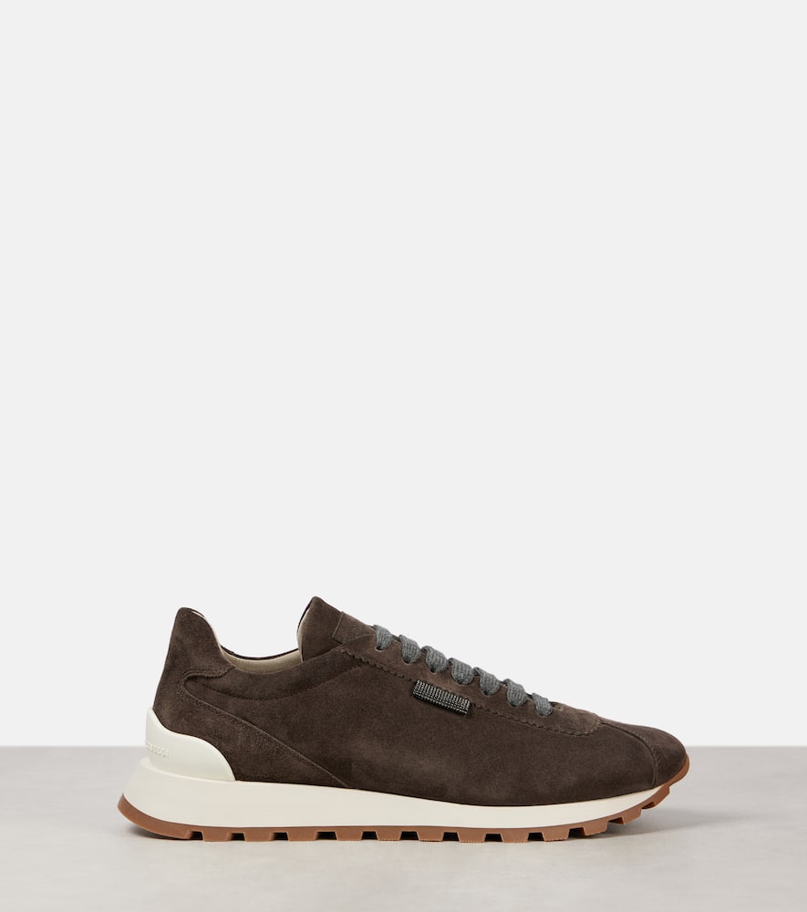Brunello Cucinelli Brown Low Top Sneakers With Monil Detail On The Side And Embossed Logo Lettering On The Rear In Leat In Corvino