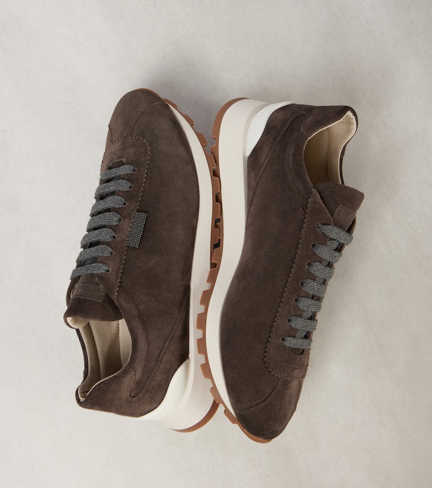 Brunello Cucinelli Brown Low Top Sneakers With Monil Detail On The Side And Embossed Logo Lettering On The Rear In Leat In Corvino