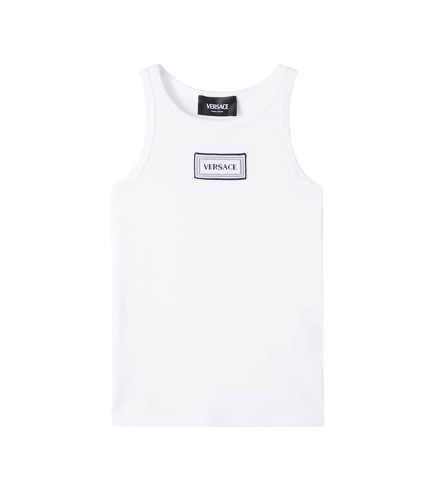 Versace Logo Ribbed-knit Cotton-blend Tank Top In White