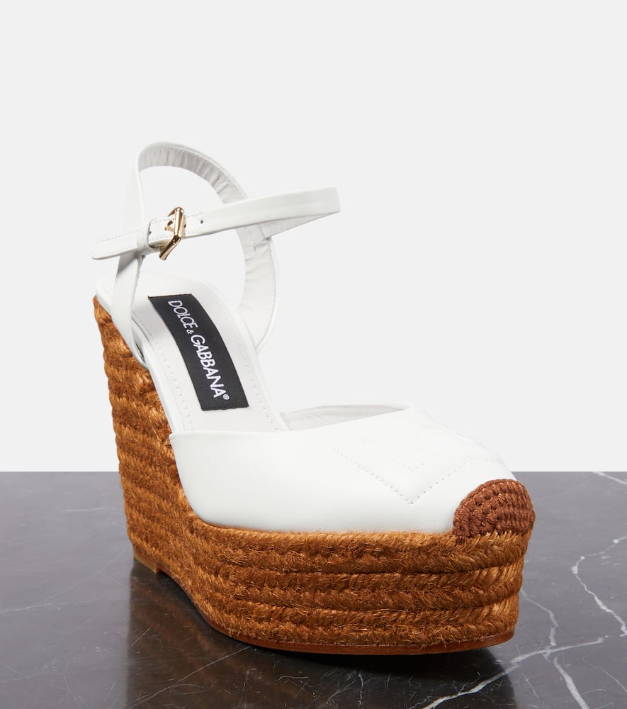 Shop Dolce & Gabbana Logo Embroidered Leather Wedge Espadrilles In White