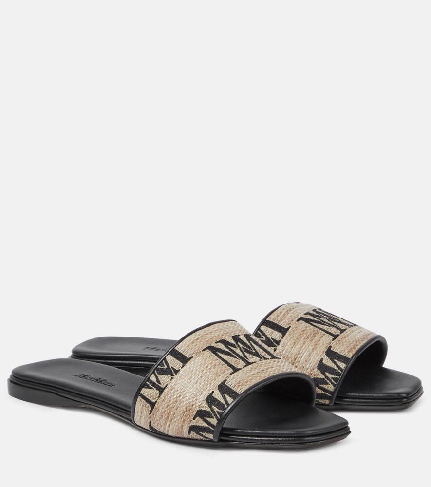 Shop Max Mara Logo Jacquard Raffia-effect Slides In Neutrals