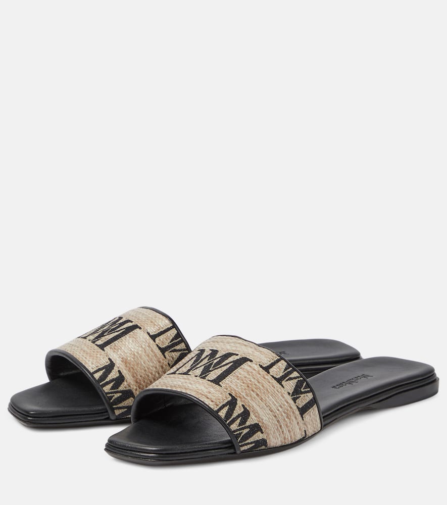 Shop Max Mara Logo Jacquard Raffia-effect Slides In Neutrals