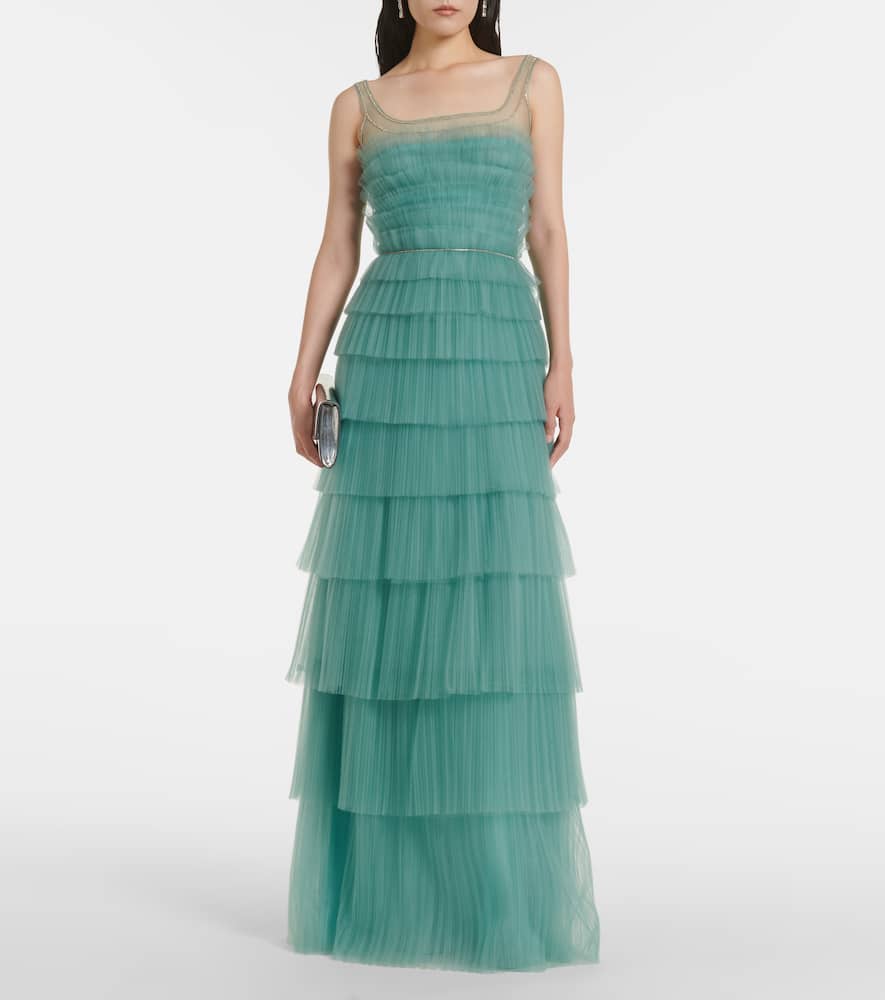 Costarellos Kali Embellished Tulle-trimmed Plissé Gown In Green