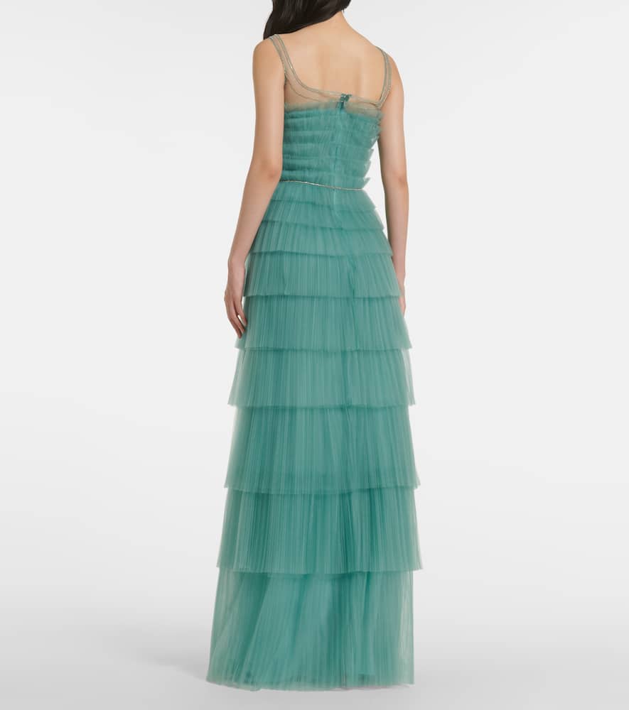 Costarellos Kali Embellished Tulle-trimmed Plissé Gown In Green