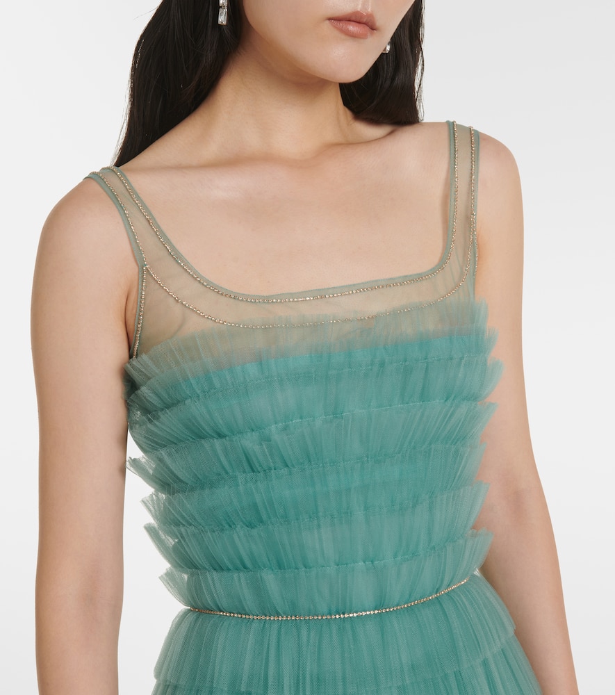 Costarellos Kali Embellished Tulle-trimmed Plissé Gown In Green
