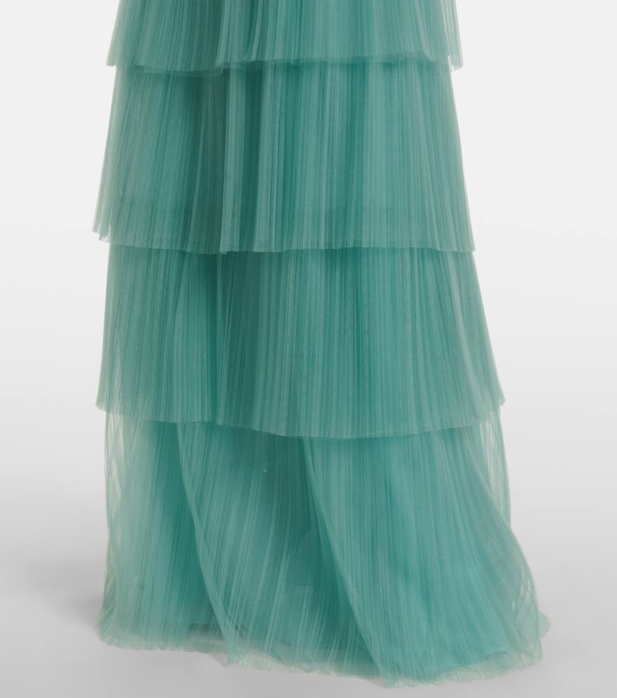 Costarellos Kali Embellished Tulle-trimmed Plissé Gown In Green
