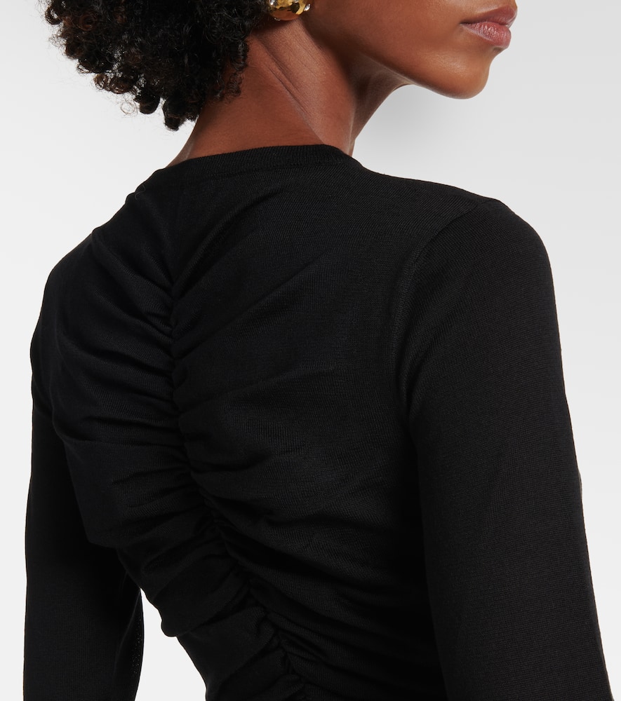 Saint Laurent Ruched V-neck Sheer Knitwear With Slim Fit In Black