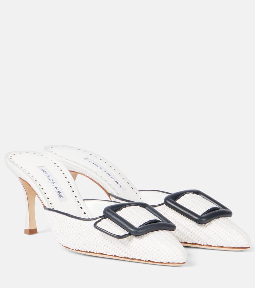 Manolo Blahnik Maysale 70 Leather-trimmed Raffia Mules In White
