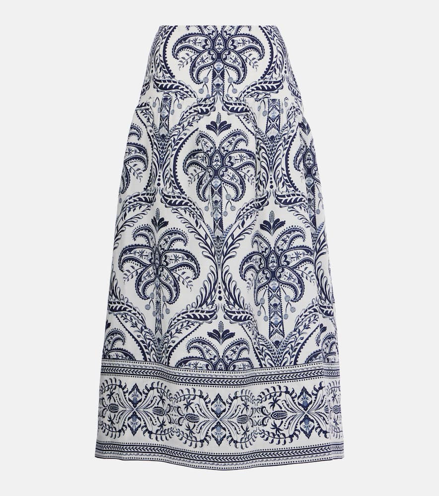 Tropical Cameo printed linen midi skirt