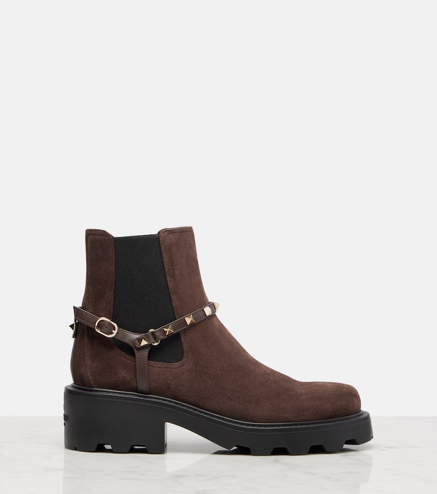 Valentino Beatle Rockstud Suede Chelsea Boots In Brown