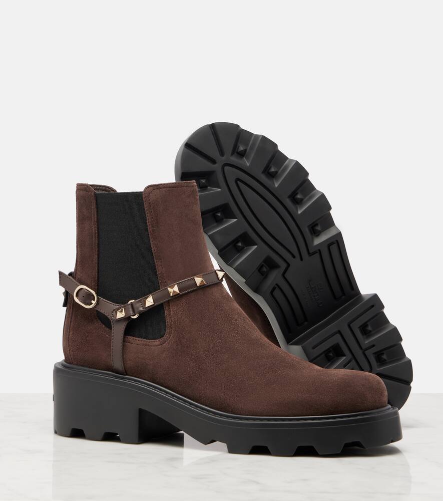 Valentino Beatle Rockstud Suede Chelsea Boots In Brown