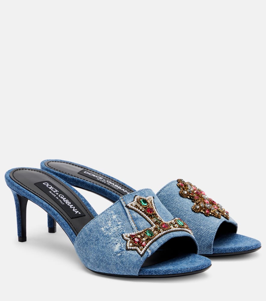 Dolce & Gabbana Embellished Half Cross Denim Slide Sandals In Blue