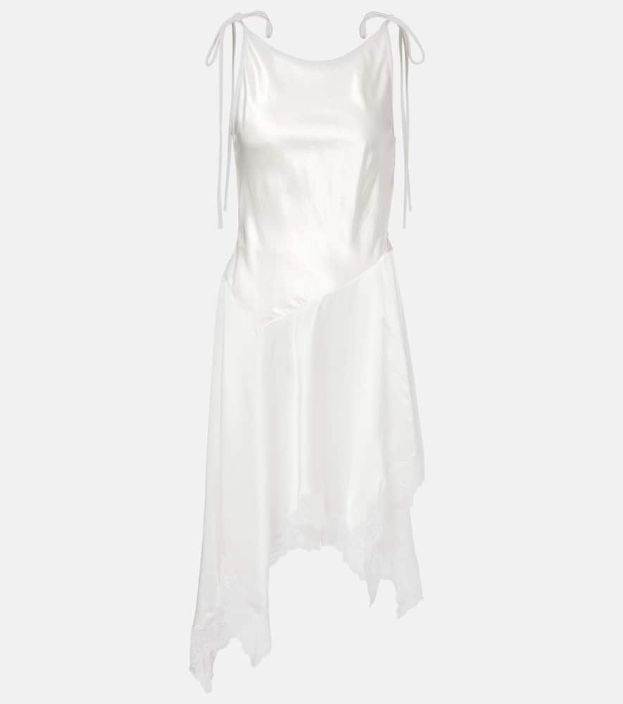 Asymmetric lace-trimmed satin minidress