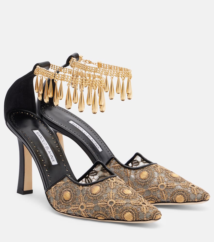Manolo Blahnik Harnicus 105 Leather-trimmed Lace Pumps In Gold