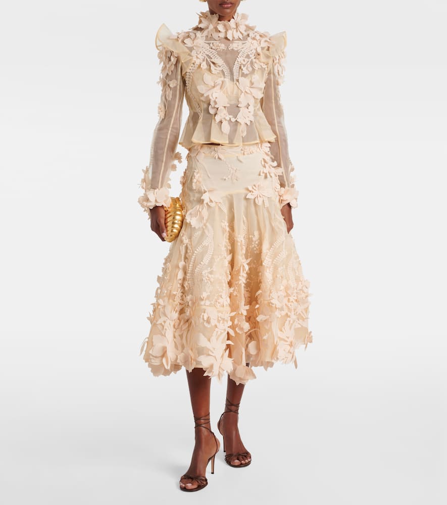Zimmermann Hypnotic Floral-appliqué Silk Midi Skirt In Neutral