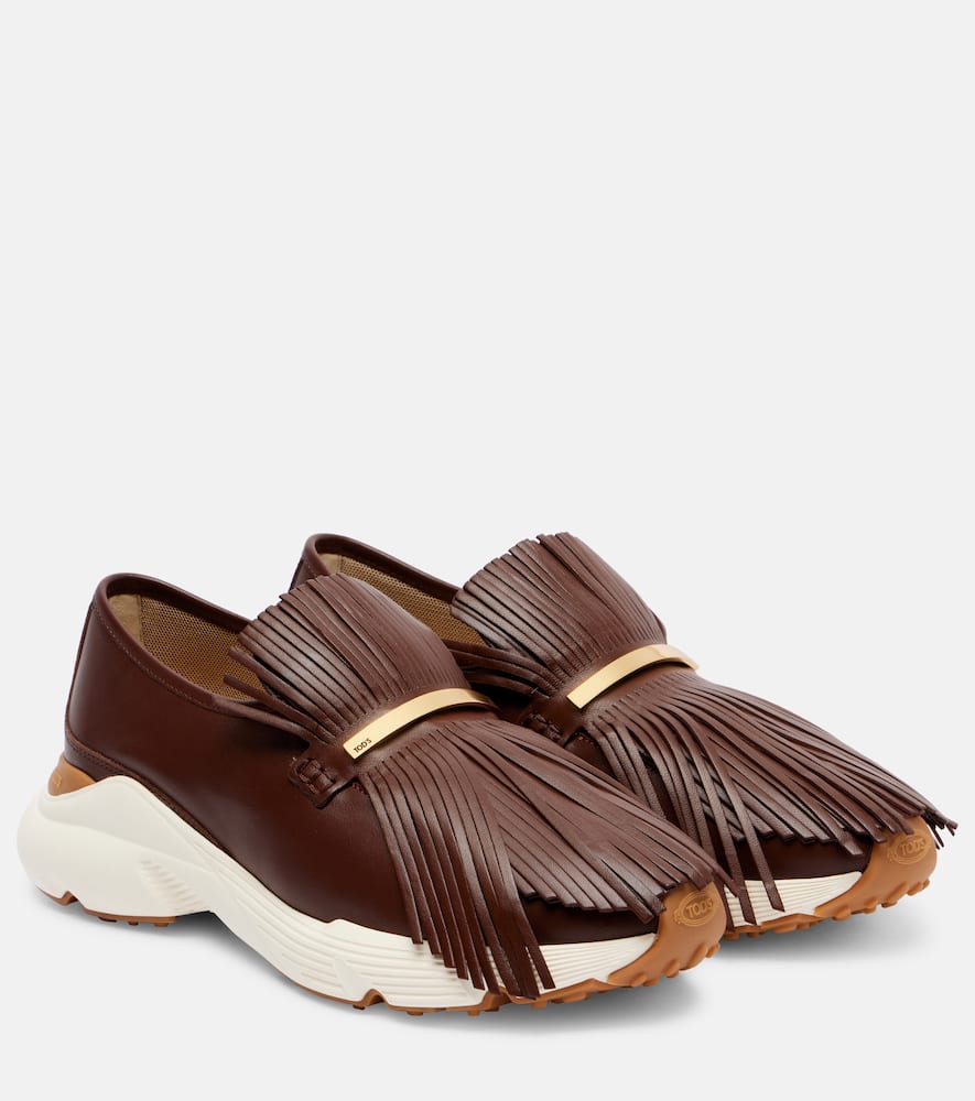 Tod's Fringed Leather Sneakers In Brown