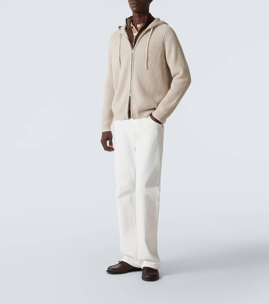 Arch4 Hooded Ribbed-knit Cashmere Zip-up Cardigan In Neutral