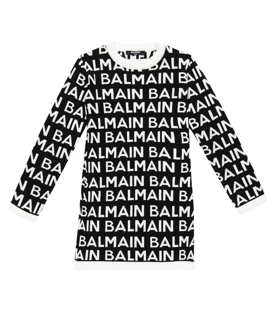 Balmain Kids' Intarsia Logo Cotton Knit Dress In Nero/bianco
