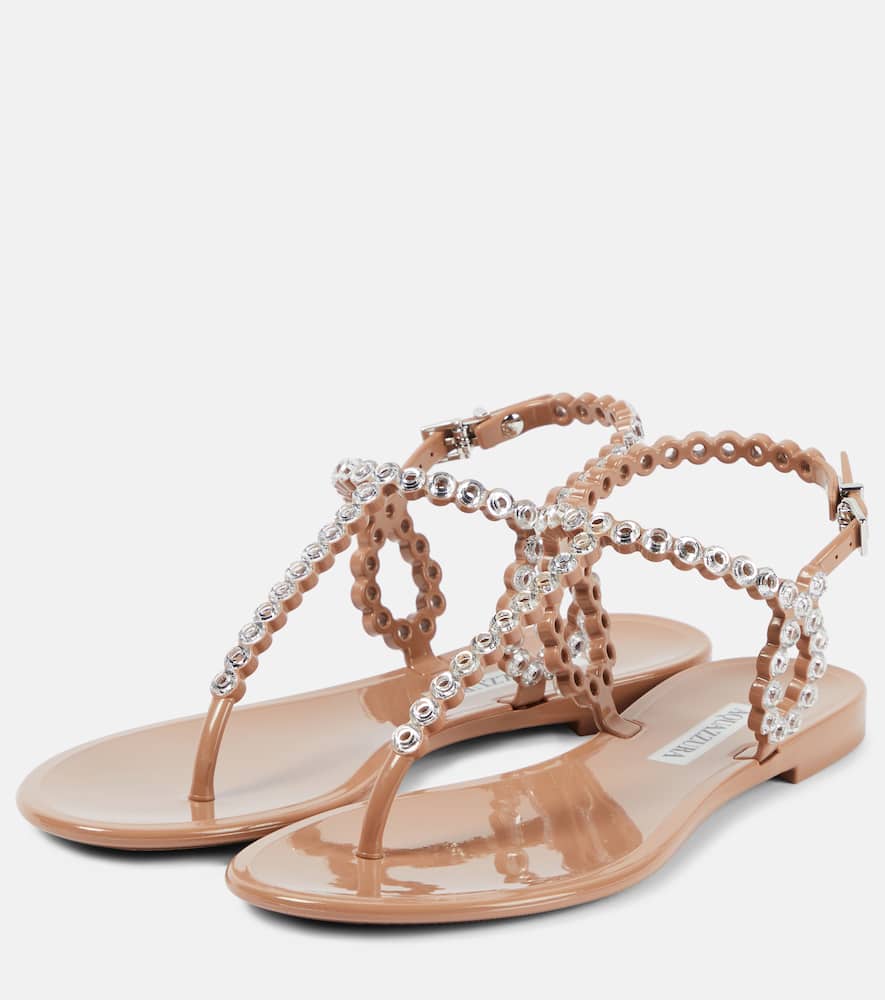 Aquazzura T-strap Pink Sandals With Circular Embellishments In Powder Pink