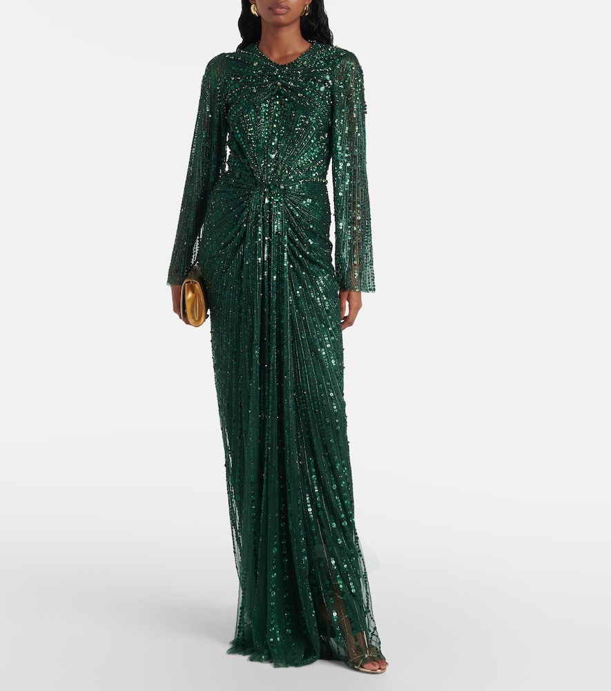 Shop Jenny Packham Anja Sequined Gown In Bottlegreen
