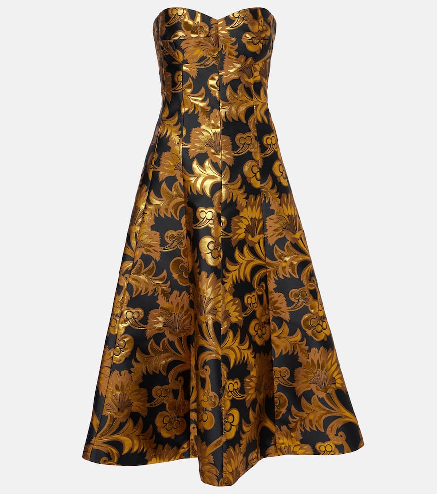 Semi-sheer strapless lamé maxi dress