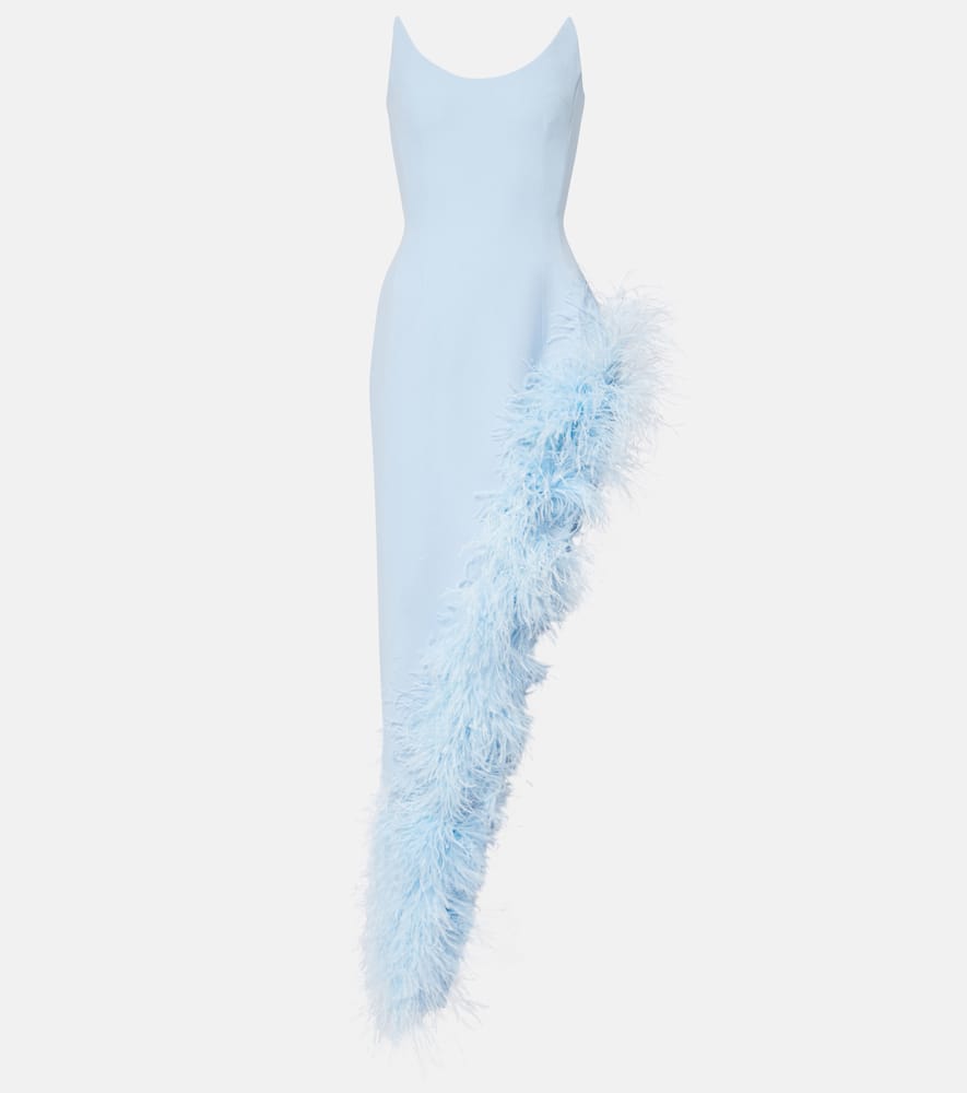 David Koma Asymmetric Feather-trimmed Cocktail Dress In Blue