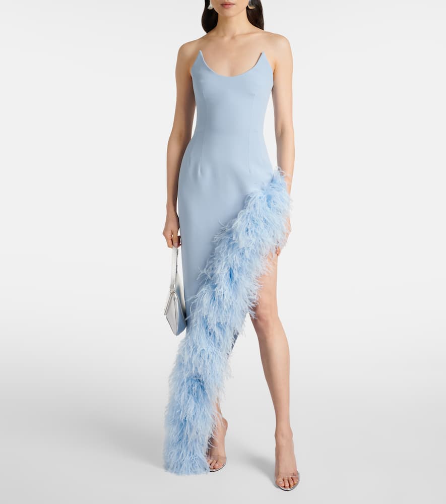 David Koma Asymmetric Feather-trimmed Cocktail Dress In Blue