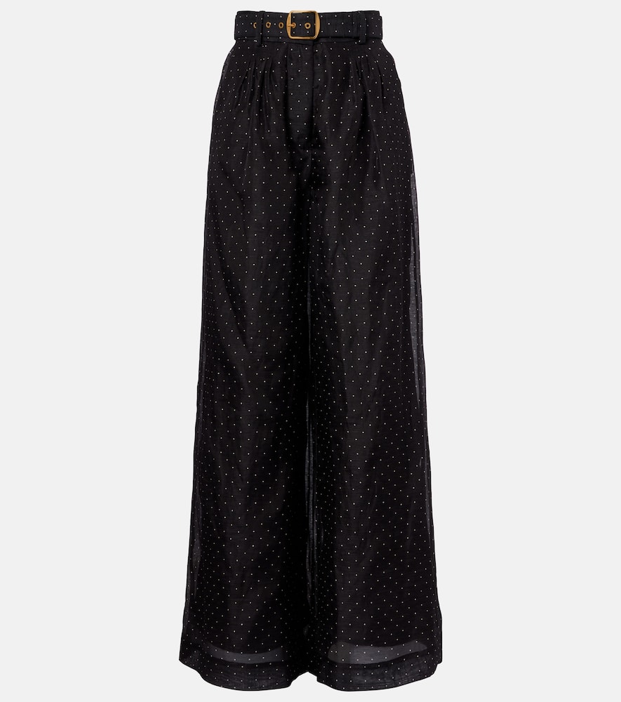 Zimmermann Polka-dot Linen And Silk Wide-leg Pants In Black