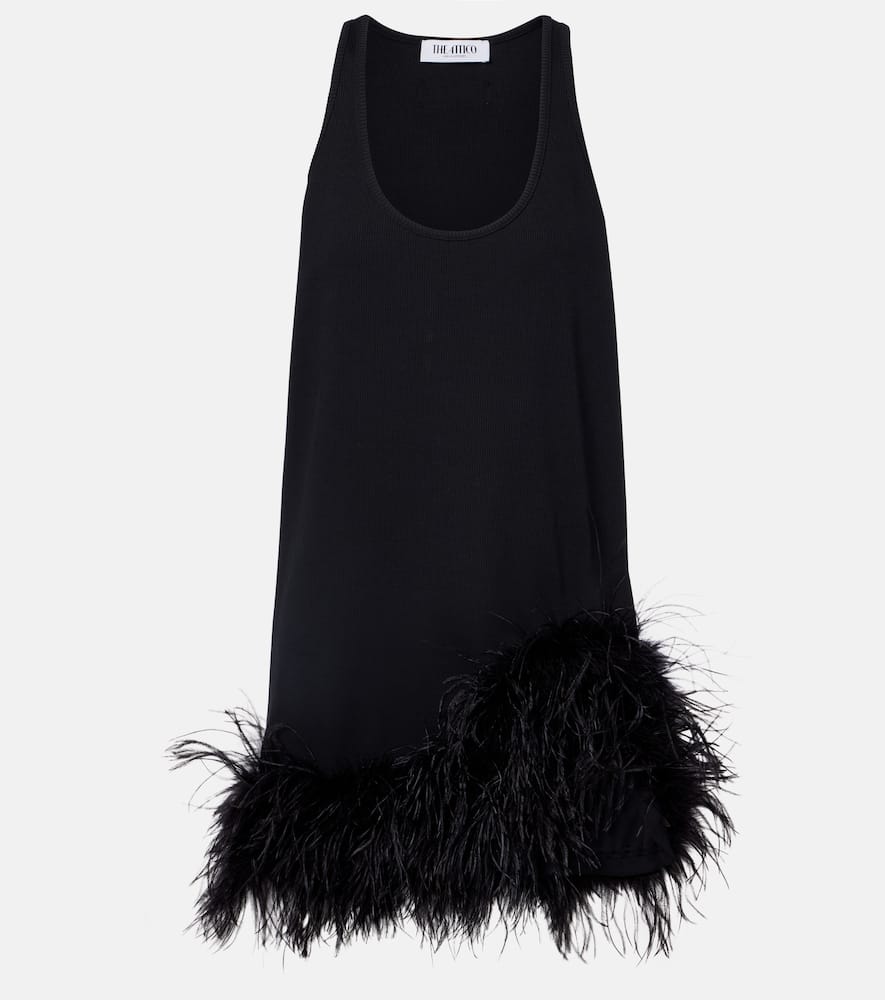 Attico Ribbed-knit Feather-trimmed Cotton Minidress In Black