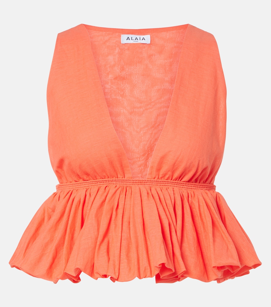 Alaia Women's Orange Peplum Striped Cotton And Linen Top UK Size 16 - Mytheresa