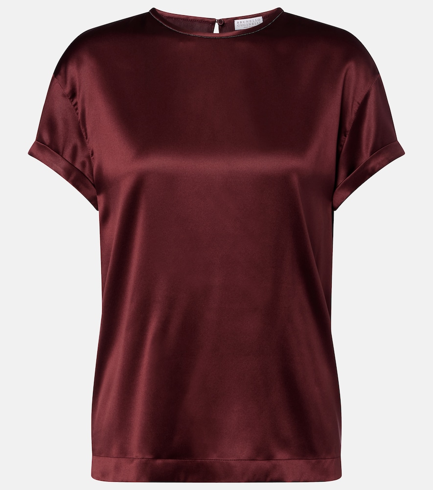 T-shirt in satin di misto seta con monili