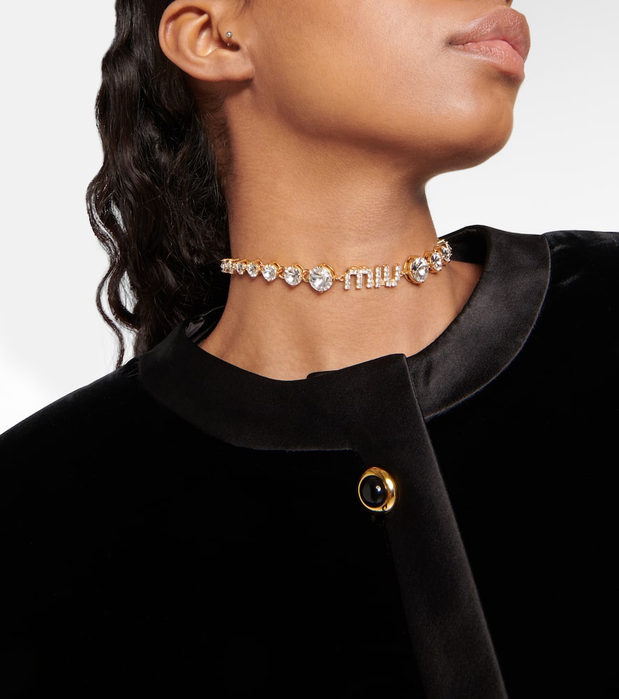 Shop Miu Miu Logo Crystal-embellished Necklace In Oro+crystal