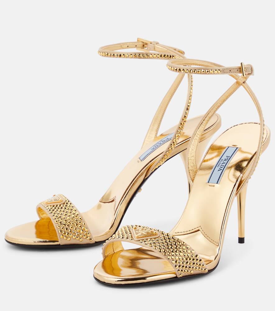 Prada Crystal-embellished Metallic Leather Sandals In Platino
