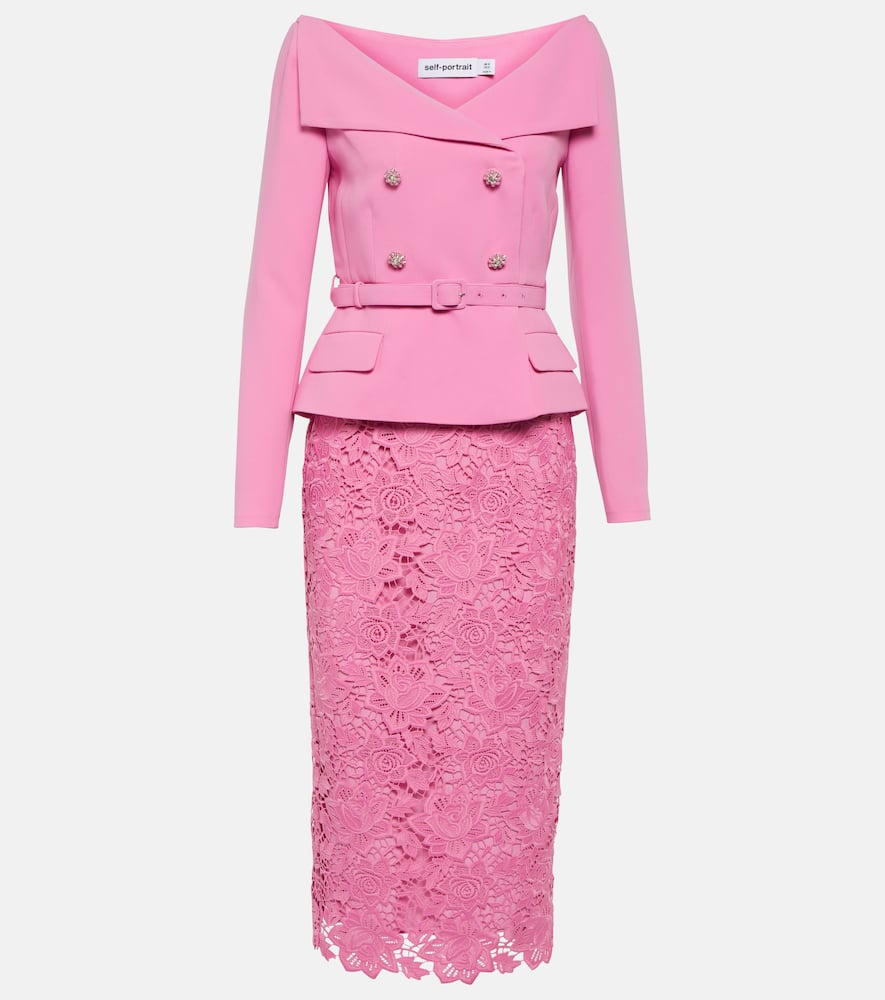 Self-Portrait Off-shoulder crêpe and lace midi dress