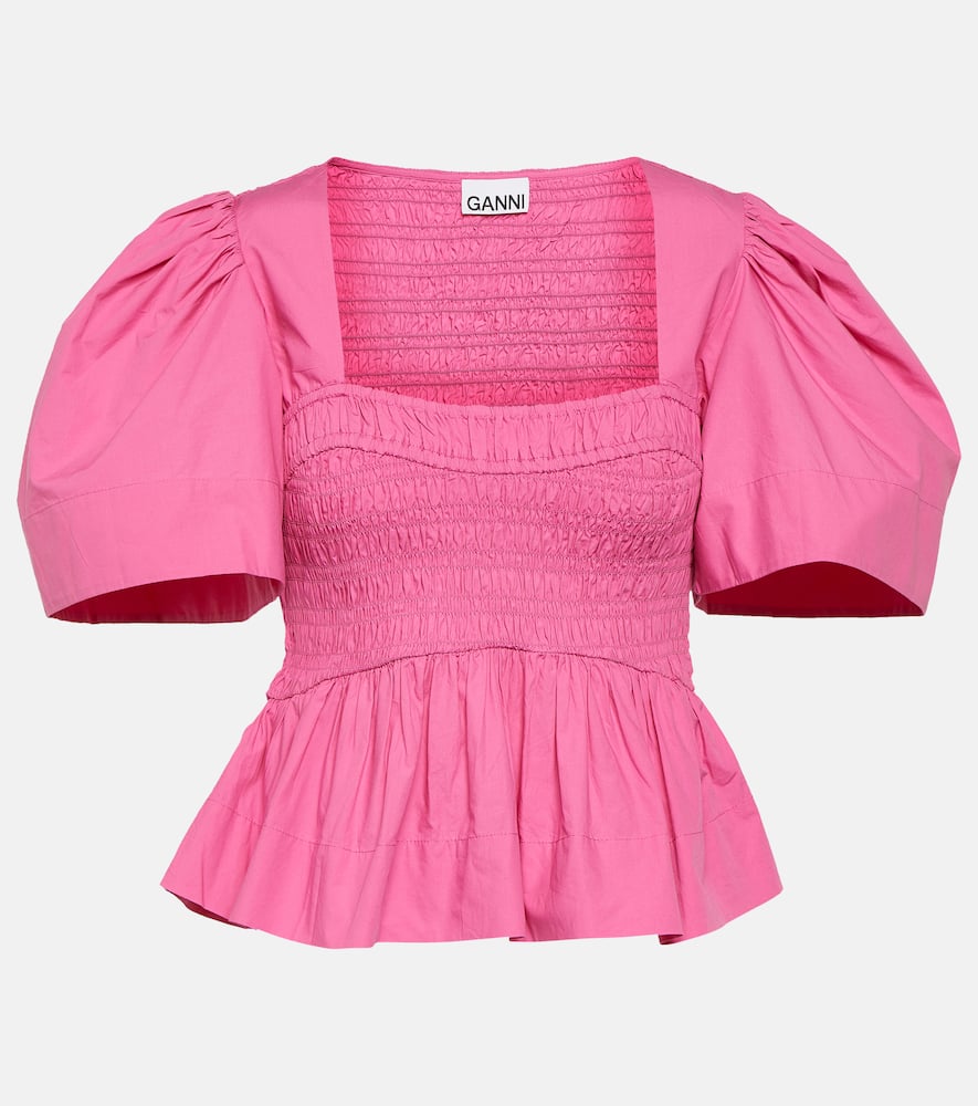 Ganni Pink Cottonpoplin Open-neck Smock Blouse In Pink