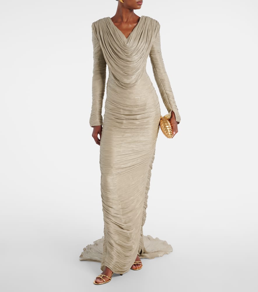 Marmar Halim Draped Pleated Gown In Gray
