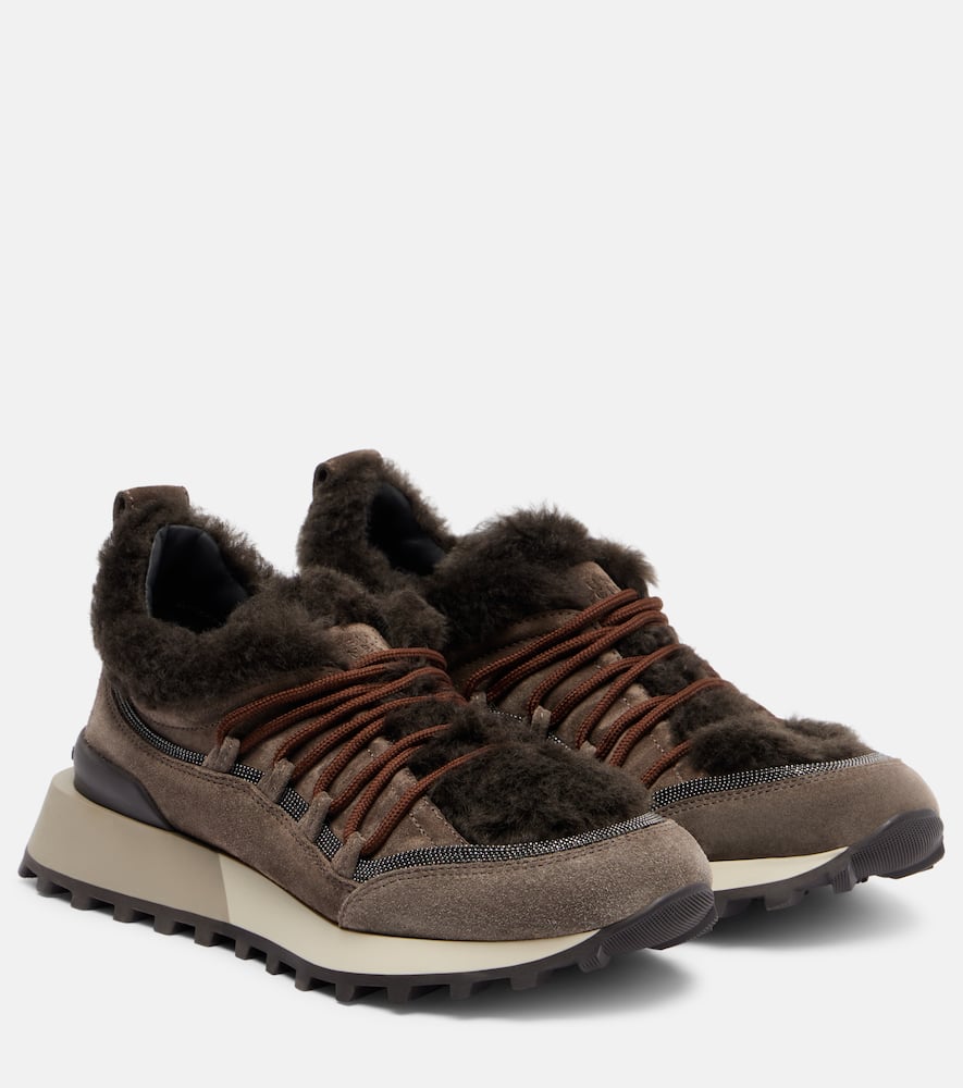 Brunello Cucinelli Shearling-lined Suede Low-top Sneakers In Brown